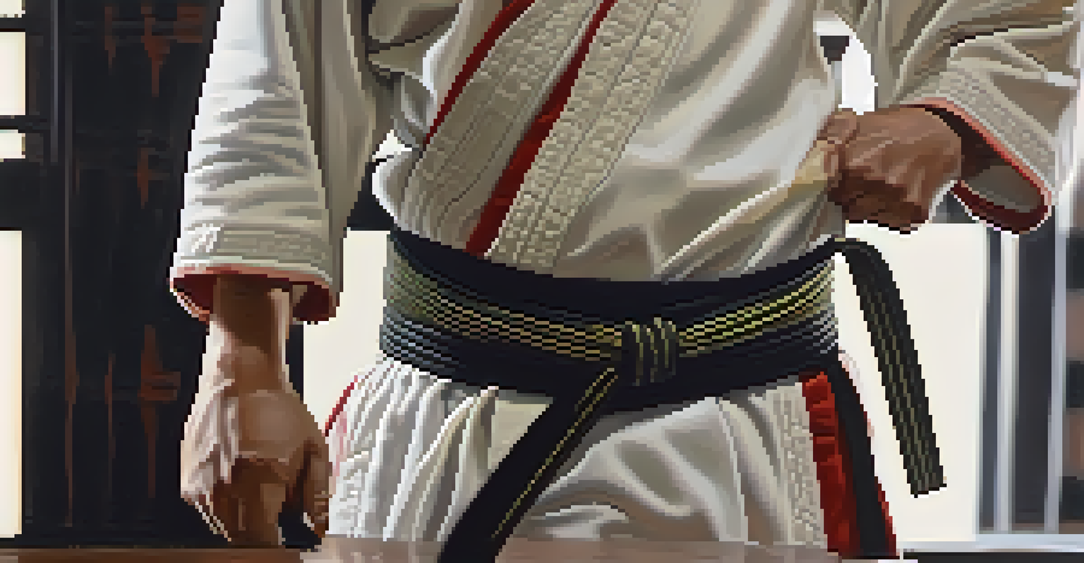 A martial artist focused on tying their belt in a dojo, showcasing the texture of the belt and the student's expression.