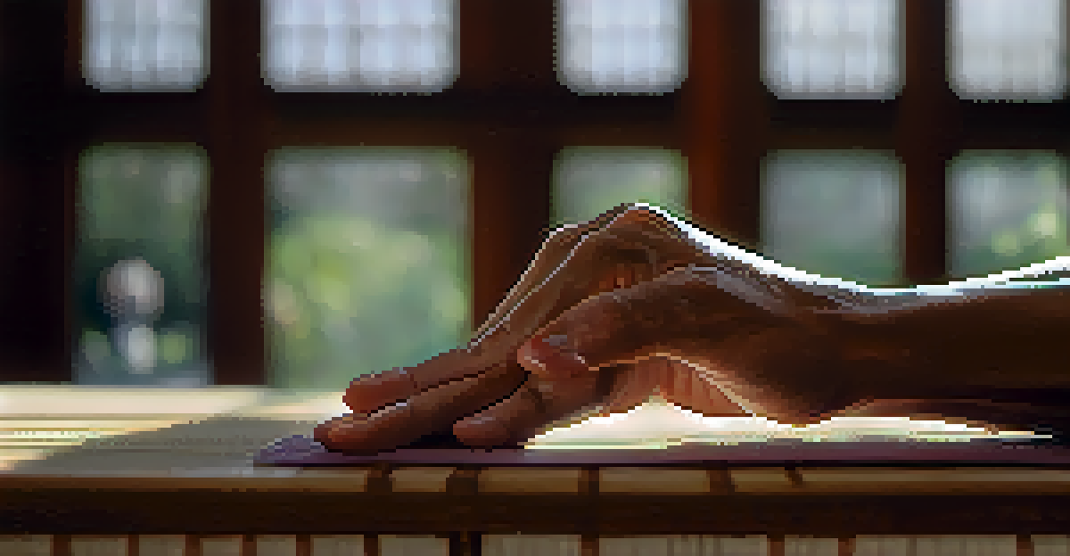 Close-up of a martial artist's hands in a meditative pose, showcasing calluses and scars, with a blurred dojo background and soft natural light.