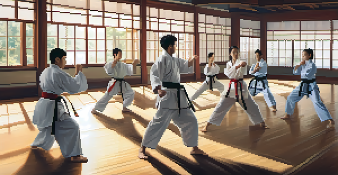 A group of martial arts students of different backgrounds training together in a dojo, with sunlight streaming in and motivational posters on the walls.