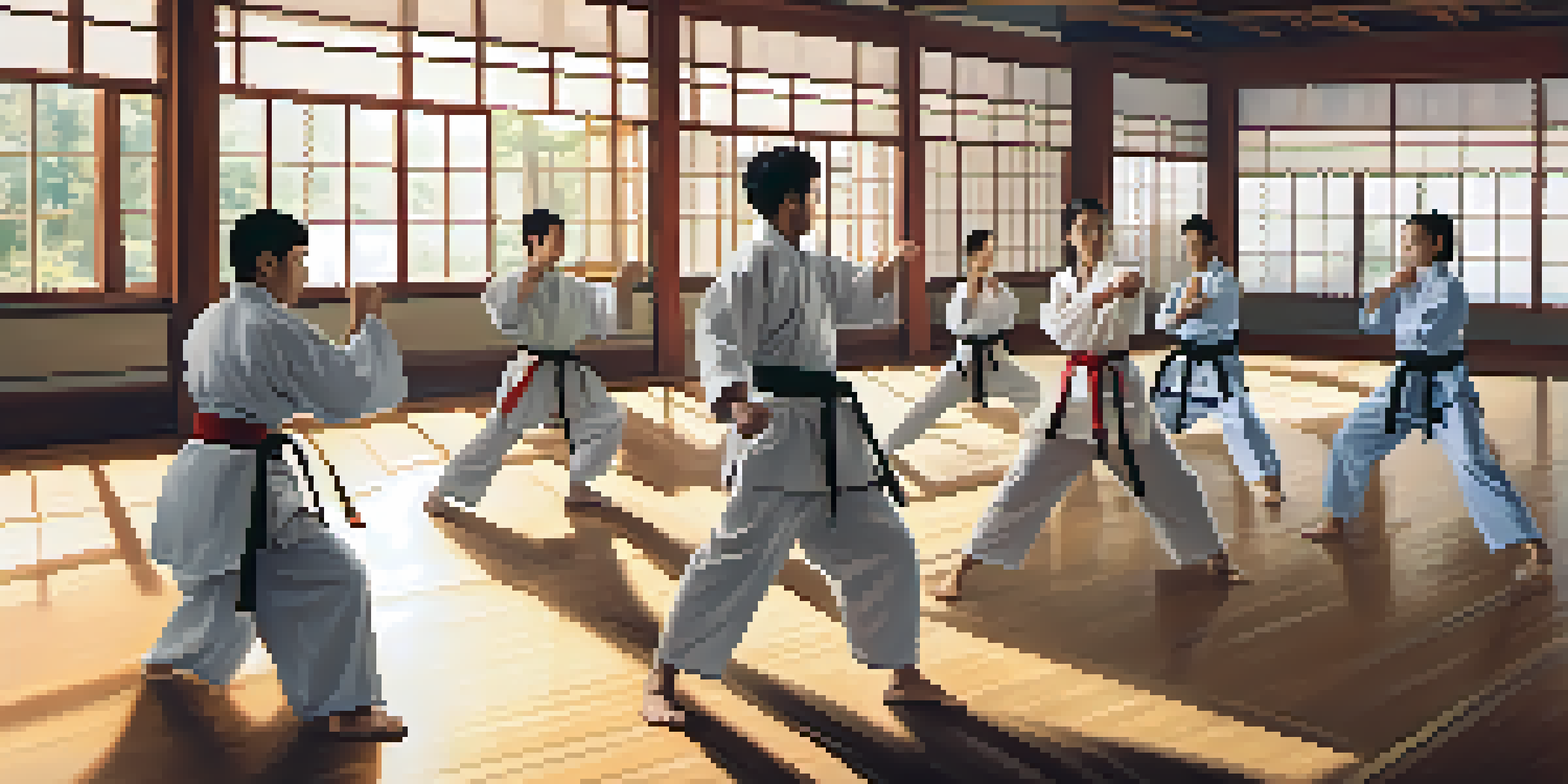 A group of martial arts students of different backgrounds training together in a dojo, with sunlight streaming in and motivational posters on the walls.