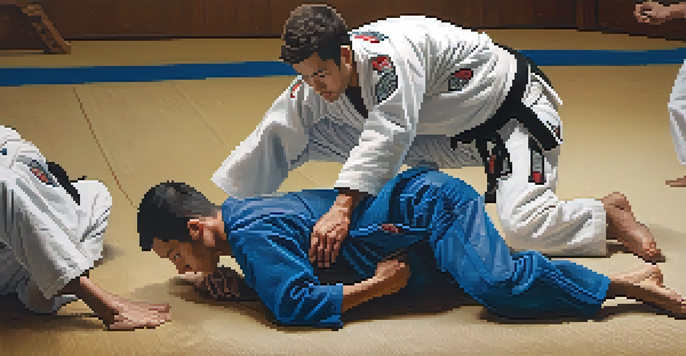 A Brazilian Jiu-Jitsu practitioner in a guard position on a mat, with others observing in the background.