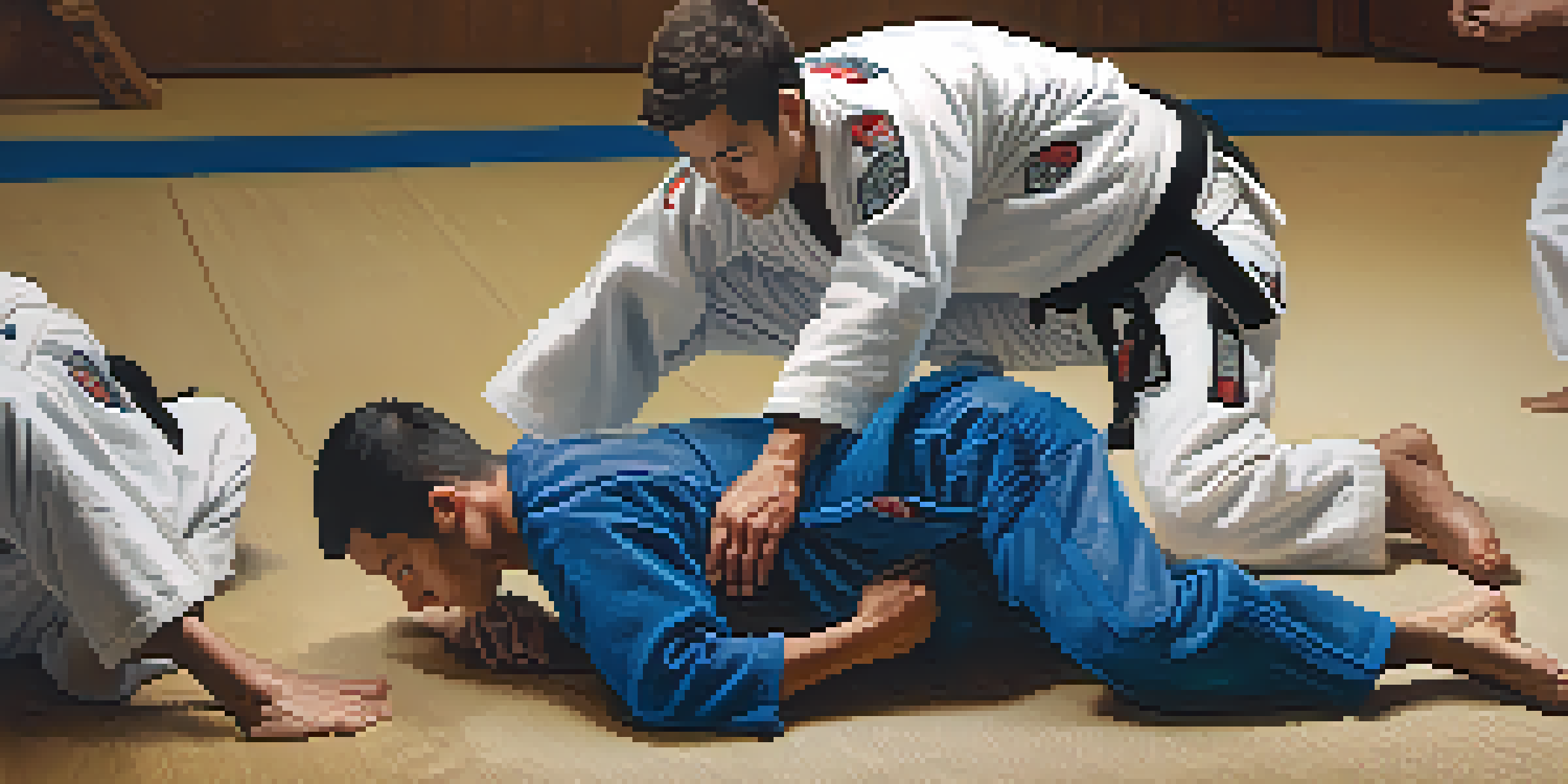 A Brazilian Jiu-Jitsu practitioner in a guard position on a mat, with others observing in the background.