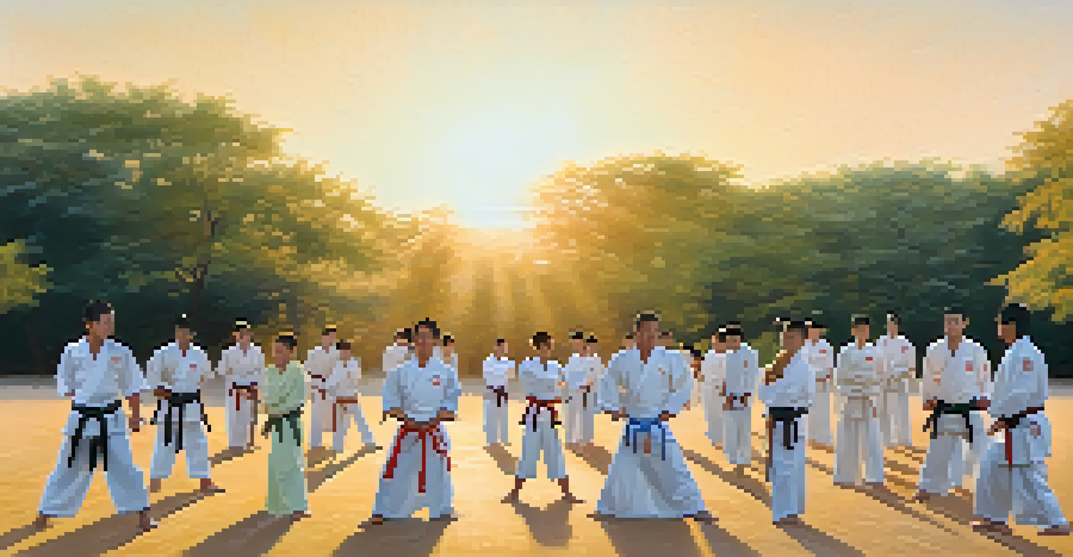 A diverse group of martial artists training together outdoors during the golden hour, showcasing teamwork and cultural exchange.