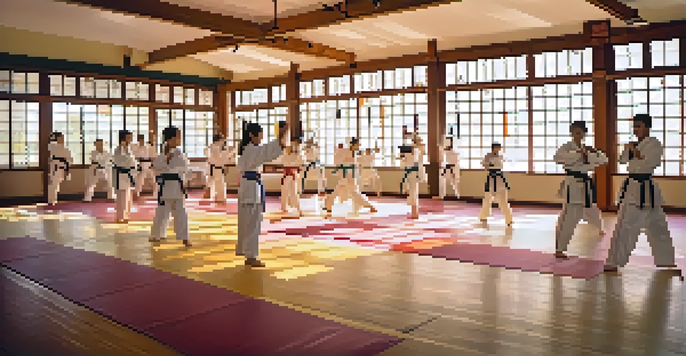 A diverse group of students practicing karate in a bright dojo, with a young girl performing a high kick in the foreground.