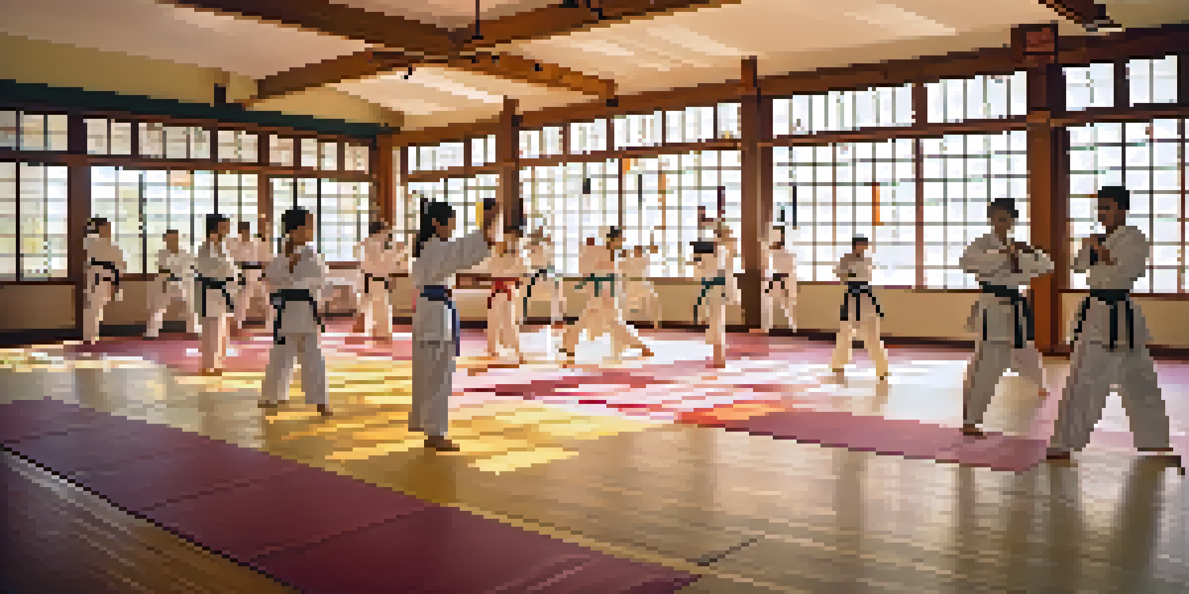 A diverse group of students practicing karate in a bright dojo, with a young girl performing a high kick in the foreground.