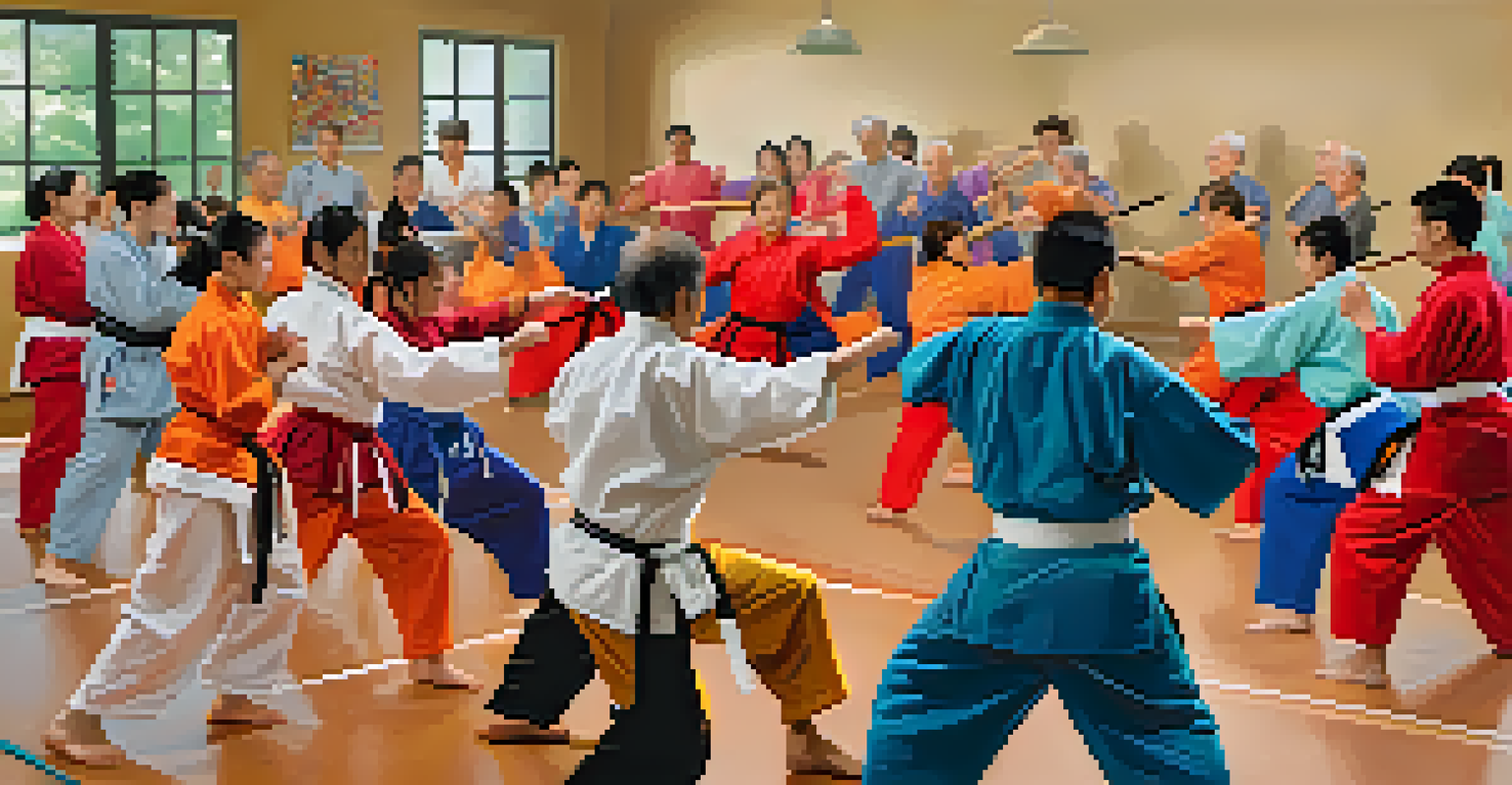 A lively martial arts class with older adults practicing partner drills, showcasing their colorful uniforms and engaged expressions.