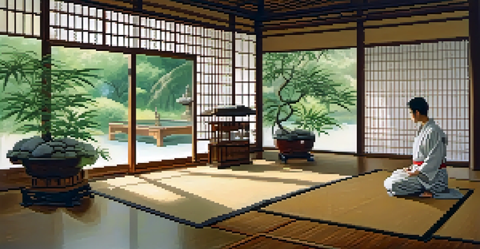 A martial artist meditating in a tranquil dojo, surrounded by bamboo and a water fountain.