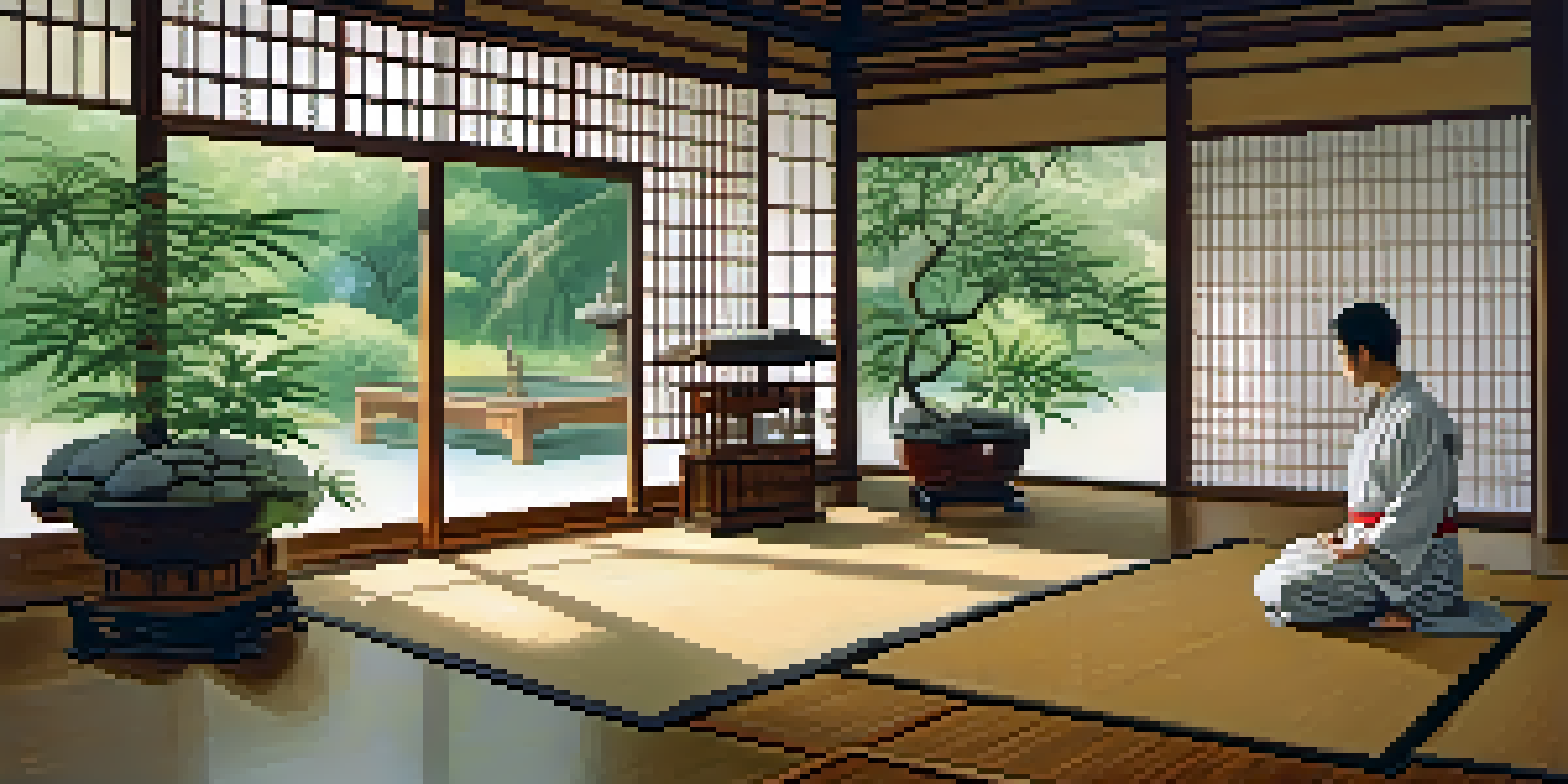 A martial artist meditating in a tranquil dojo, surrounded by bamboo and a water fountain.