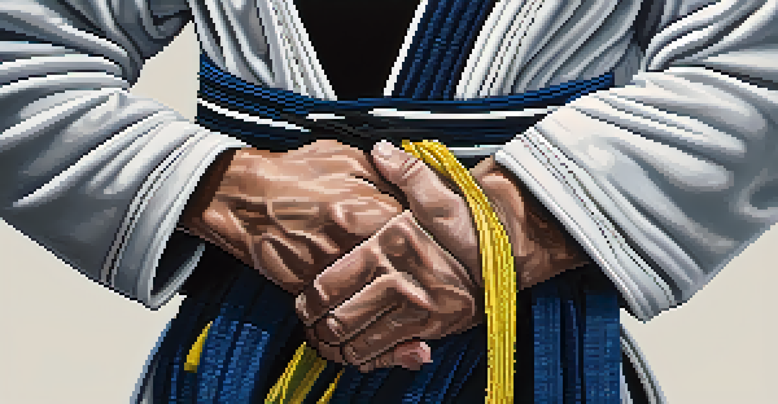 Close-up of hands gripping a Brazilian Jiu-Jitsu belt, highlighting its texture against a blurred background.