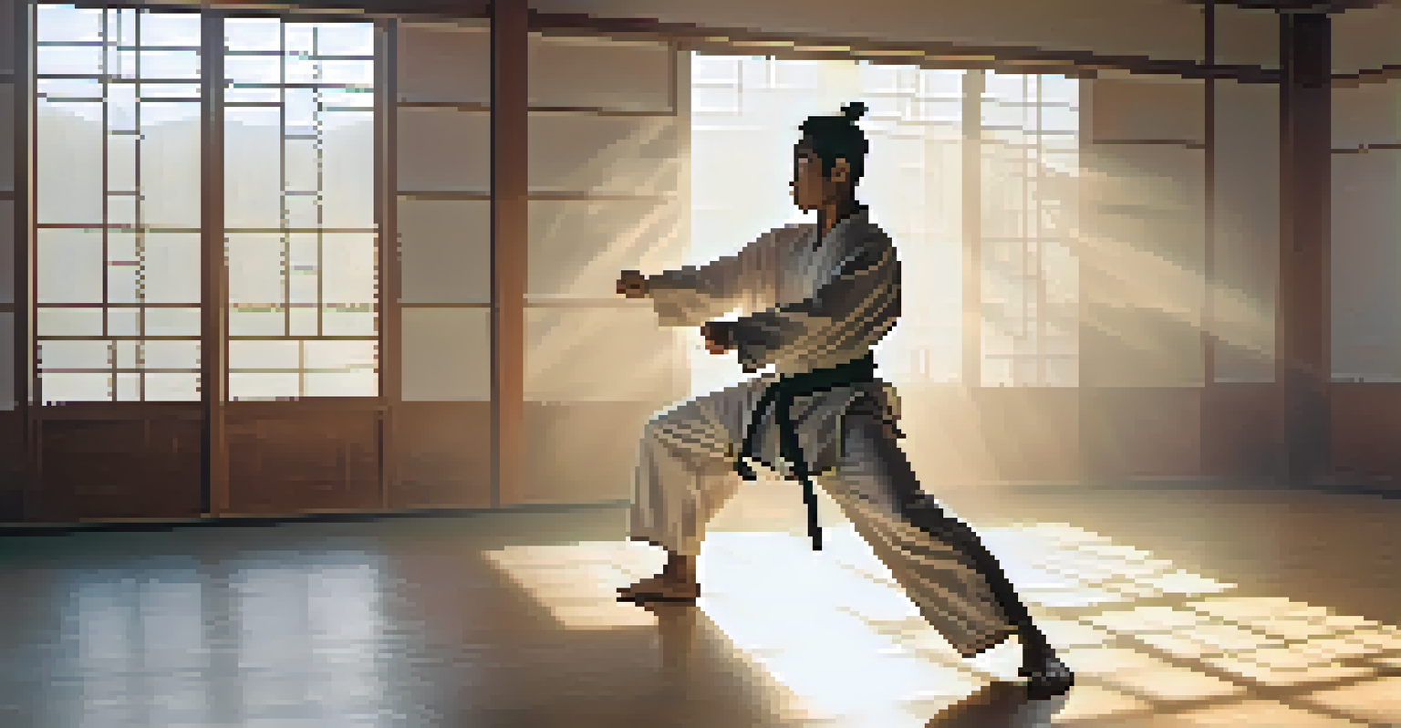 Martial artist visualizing techniques in a focused pose within a dojo.