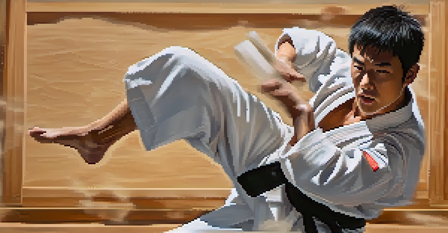 A martial artist breaking a wooden board with a kick, showing intense focus and determination, with dust particles in the air.
