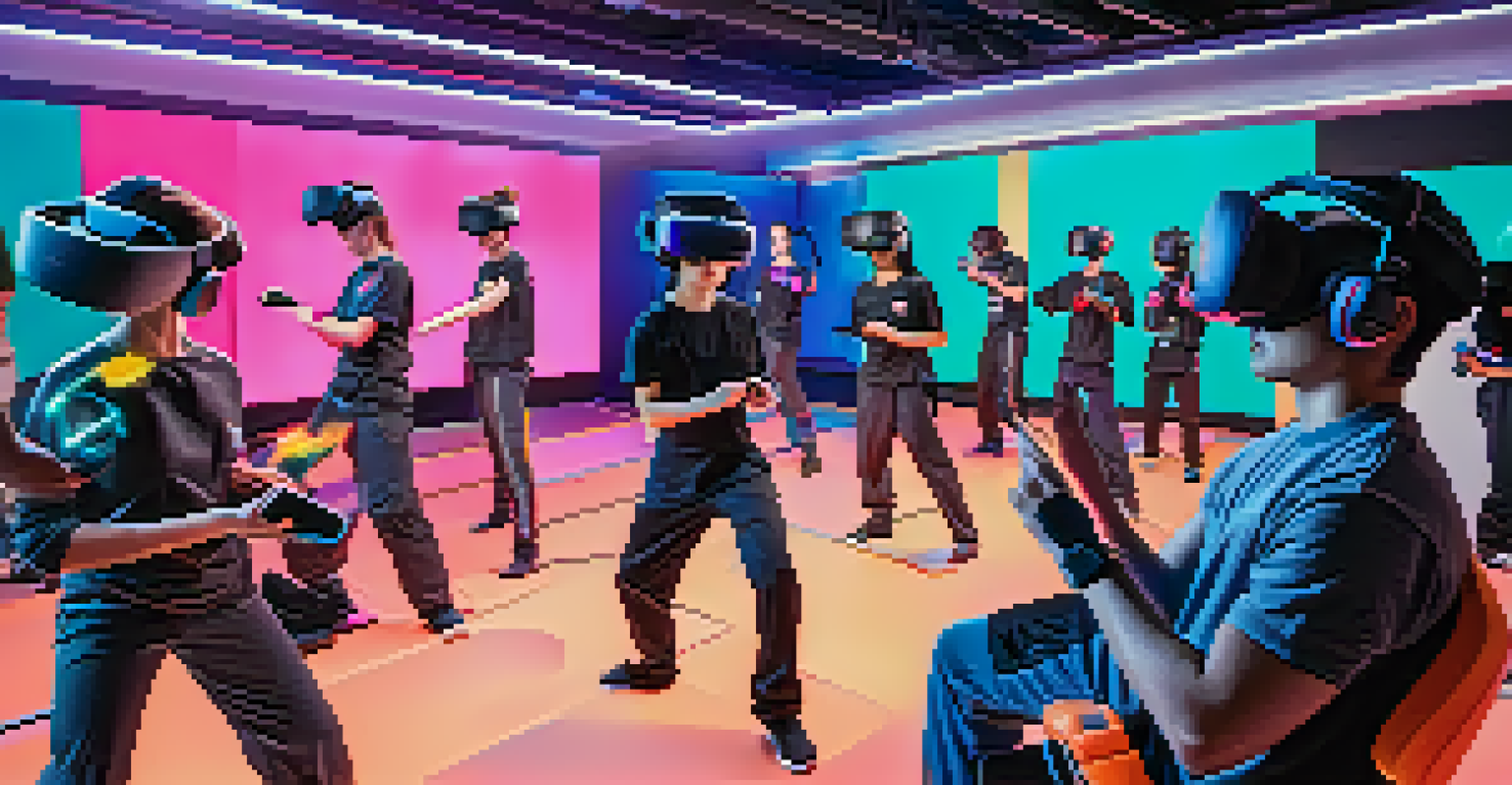 Students in a martial arts class using virtual reality training with colorful adaptive equipment in a dynamic setting.