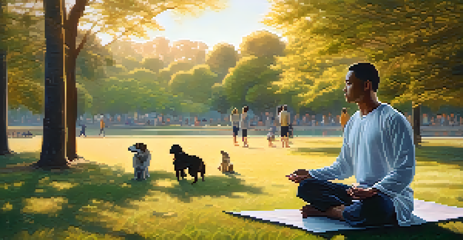A martial artist meditating in a park at sunset, surrounded by nature and people enjoying the outdoors.
