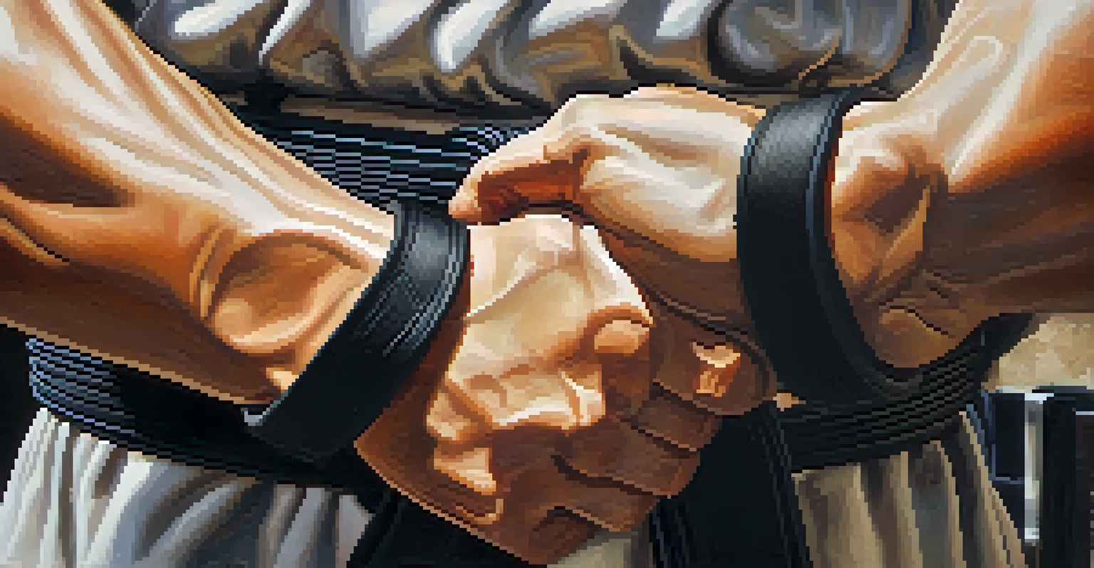 Close-up of hands gripping a martial arts belt, emphasizing discipline and commitment.