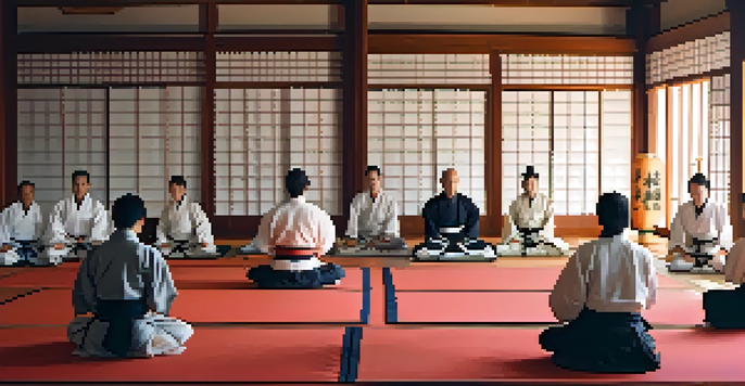 A tranquil dojo scene with diverse martial arts practitioners meditating on mats in soft morning light.