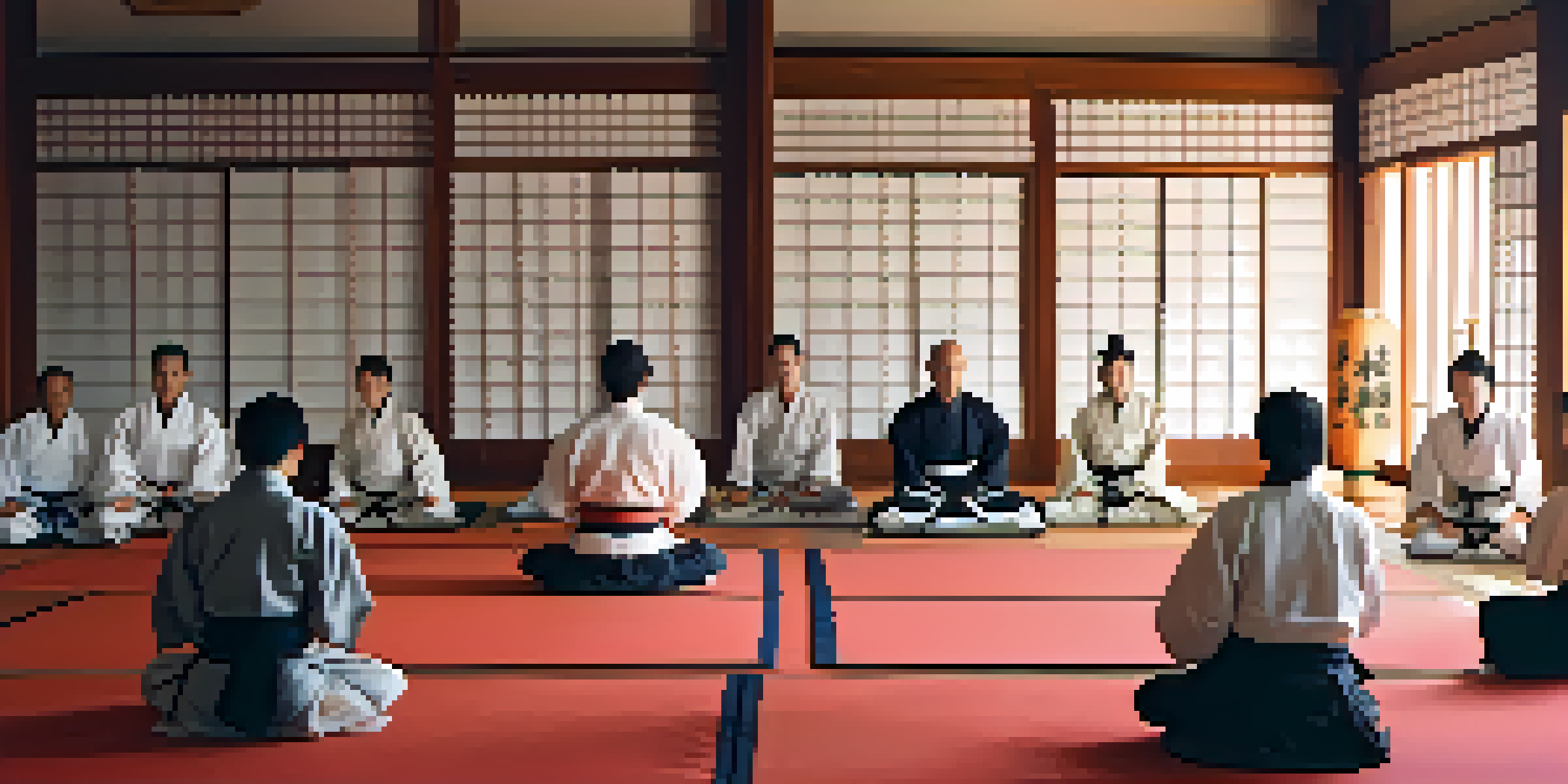 A tranquil dojo scene with diverse martial arts practitioners meditating on mats in soft morning light.