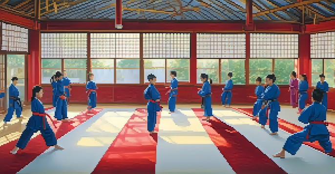 A busy martial arts dojo with practitioners of different ages training together, including a girl performing a kick and adults sparring.