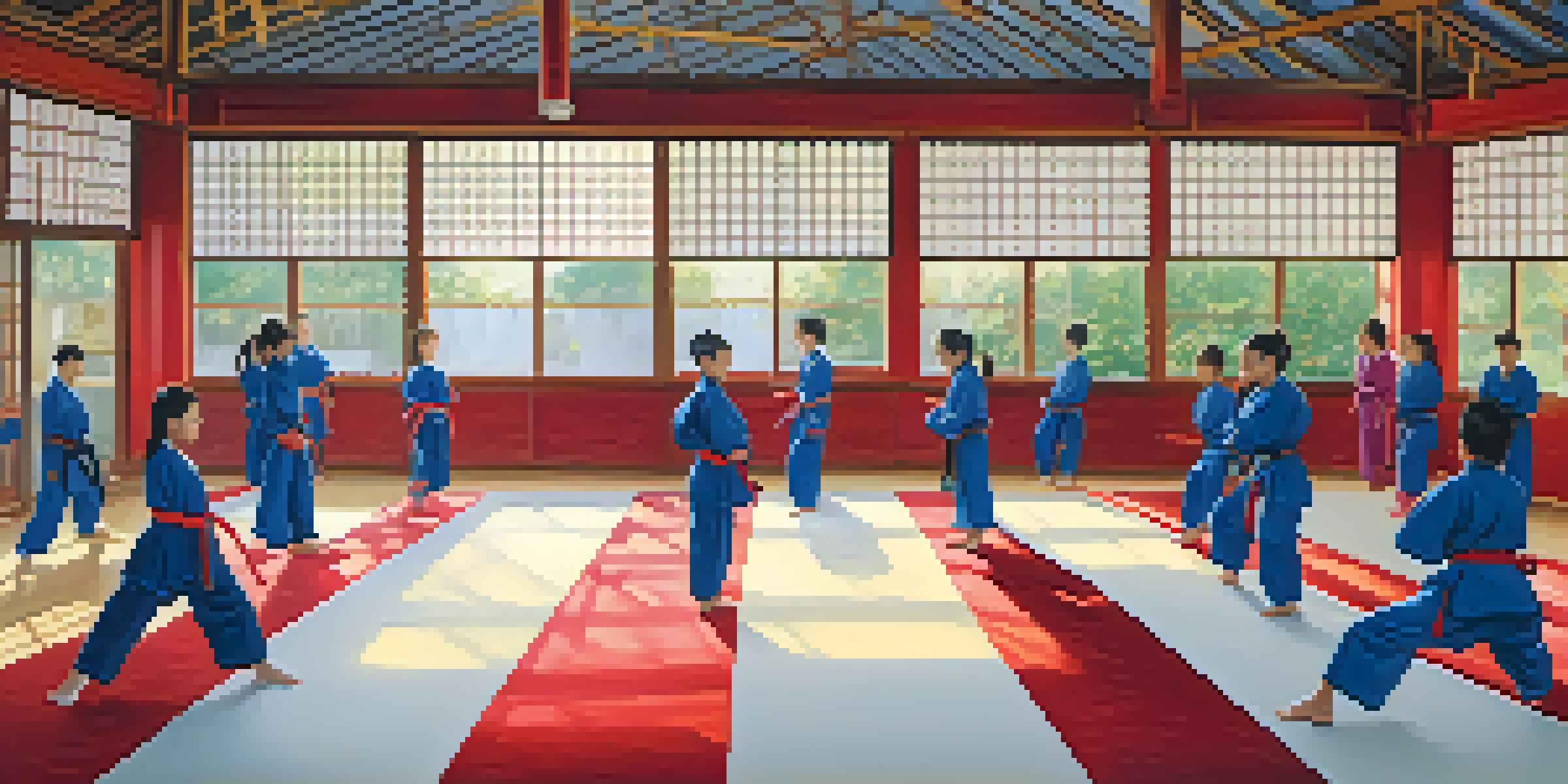 A busy martial arts dojo with practitioners of different ages training together, including a girl performing a kick and adults sparring.