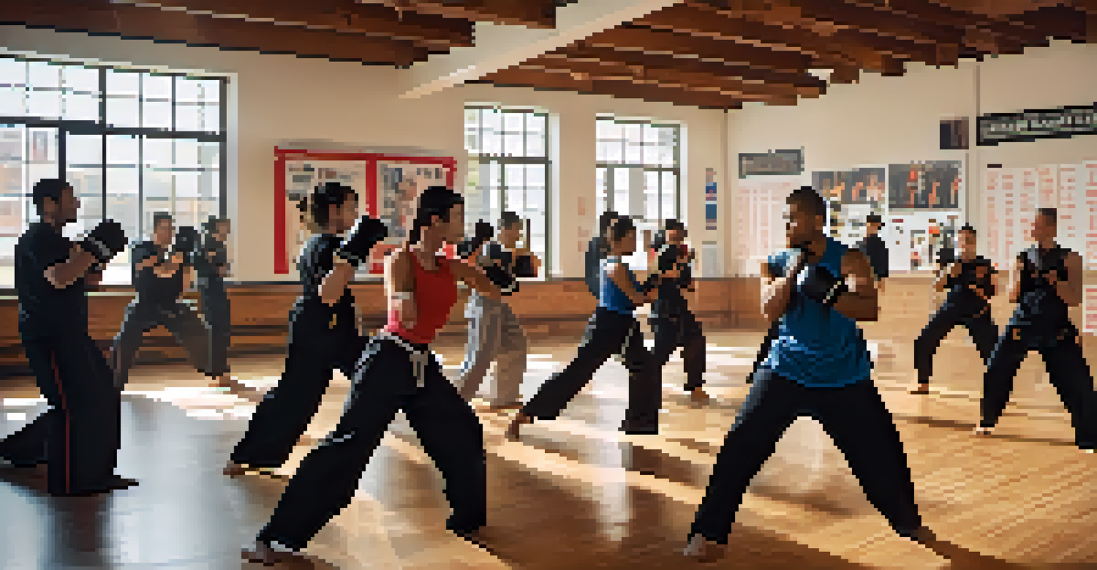 Participants practicing kickboxing in a bright indoor martial arts class, wearing protective gear and demonstrating techniques.
