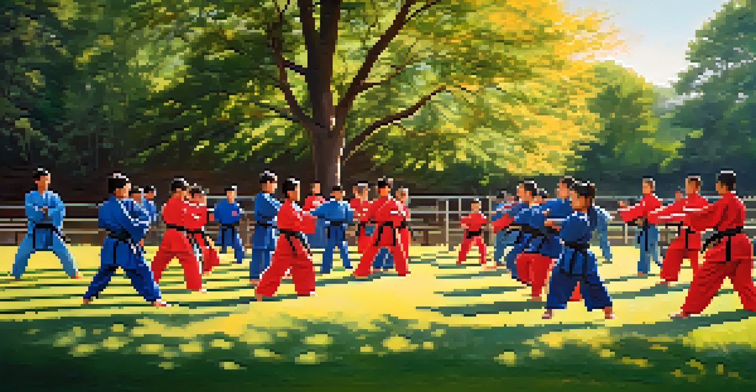 Young martial artists sparring outdoors in a park, with sunlight and trees in the background.