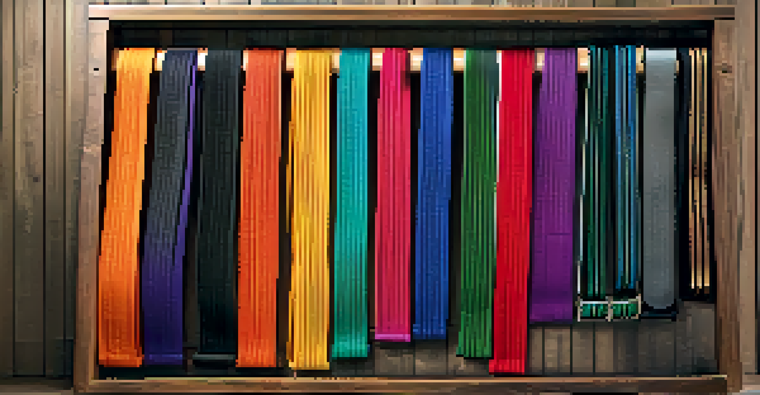 A close-up view of various colored martial arts belts hanging on a wooden rack, with a blurred training mat in the background.