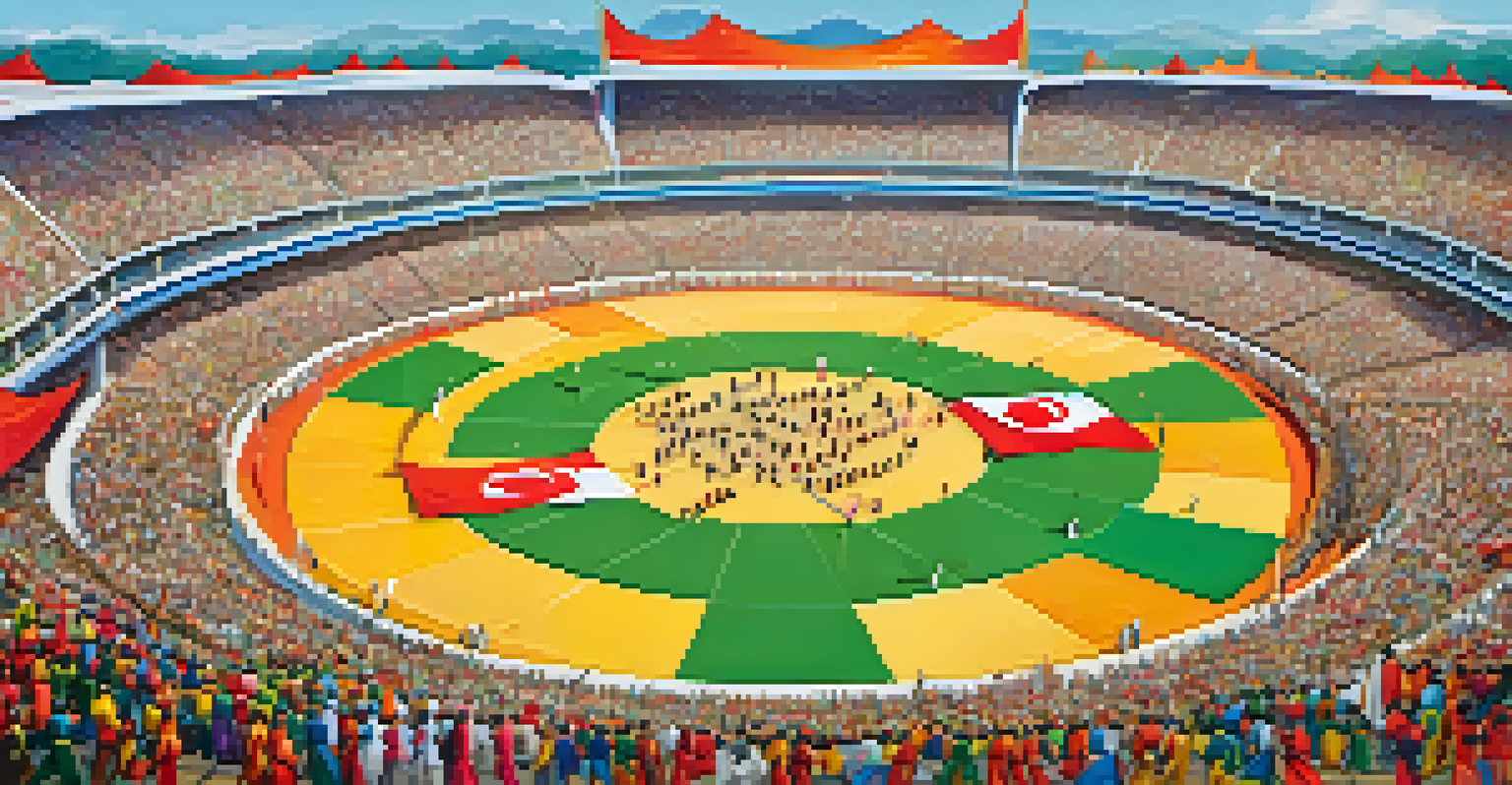 An aerial view of the Asian Martial Arts Games, featuring athletes practicing various martial arts in a colorful outdoor stadium.