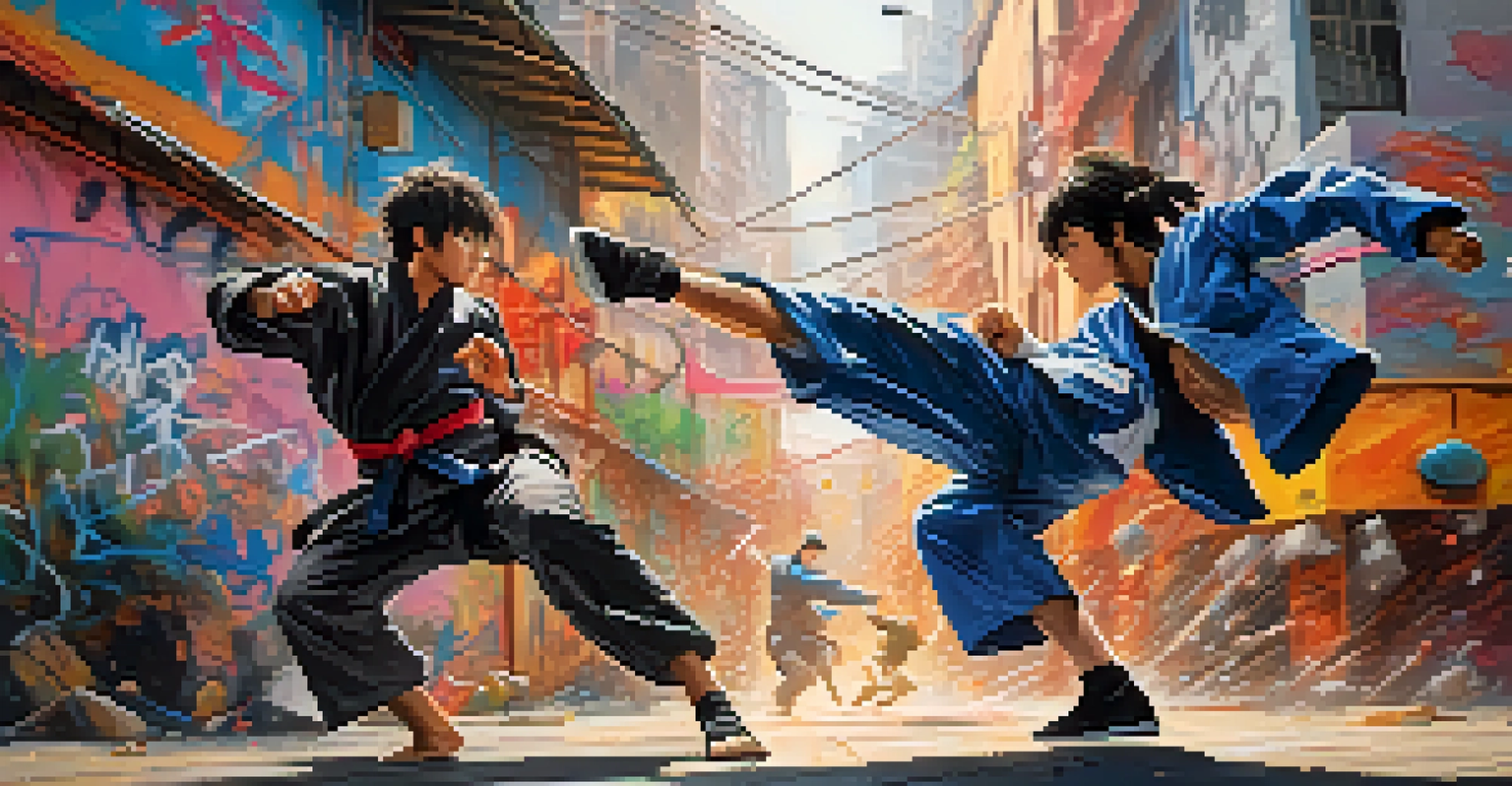 Two anime characters in mid-battle, showcasing dynamic martial arts moves against a colorful urban backdrop.