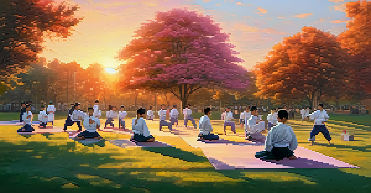 Students practicing martial arts in a park at sunset, surrounded by nature.