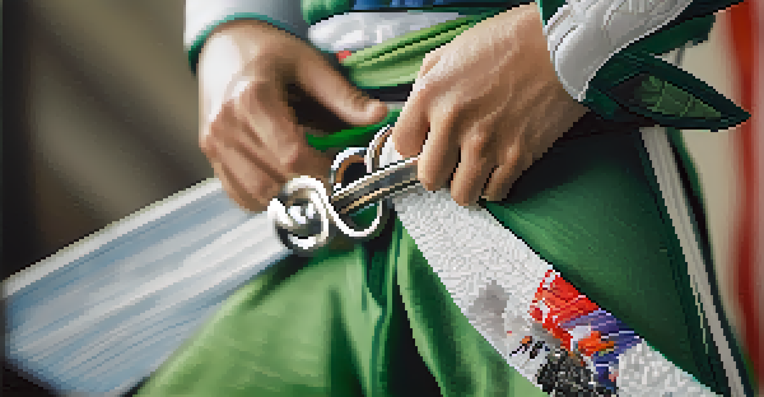 A close-up of a martial artist tying an eco-friendly belt made from recycled materials, with blurred competition in the background.