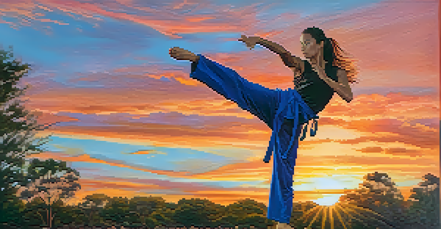 A transgender athlete practicing a high kick during an outdoor martial arts training session at sunset.