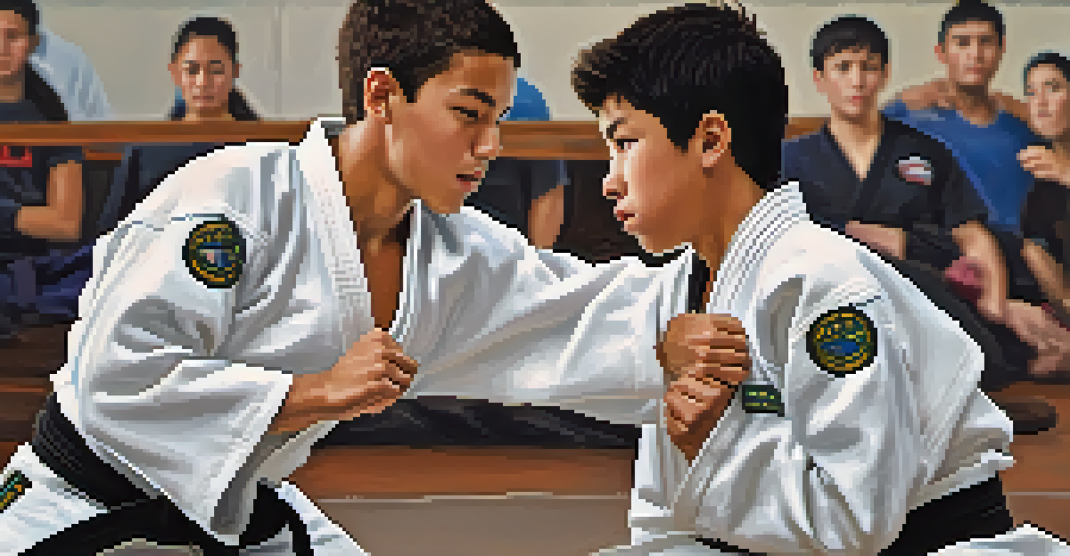 A teenage boy sparring in a Brazilian Jiu-Jitsu class, demonstrating confidence and determination.