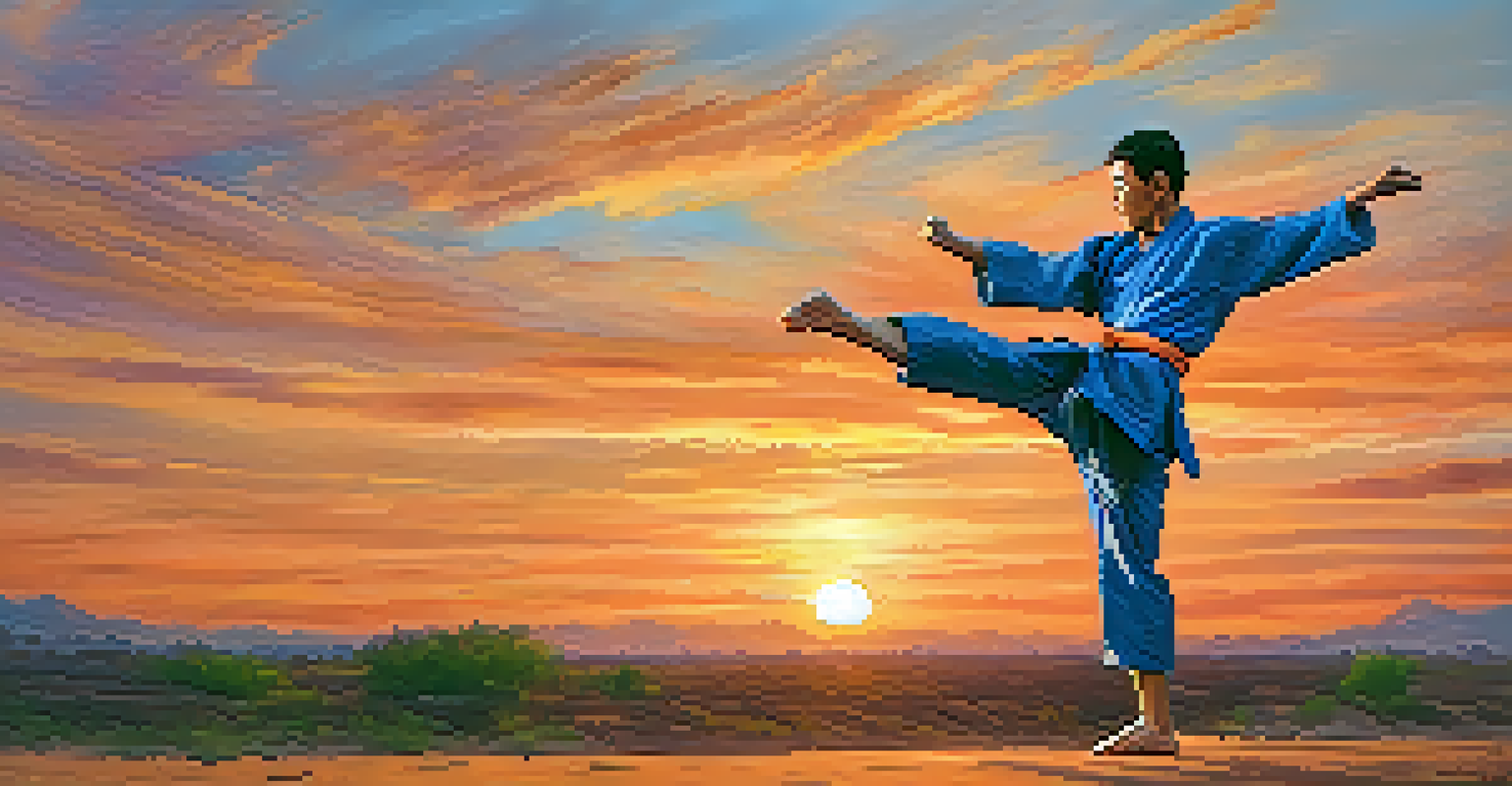 A martial arts practitioner performing high kicks outdoors at sunset, with a colorful sky in the background.
