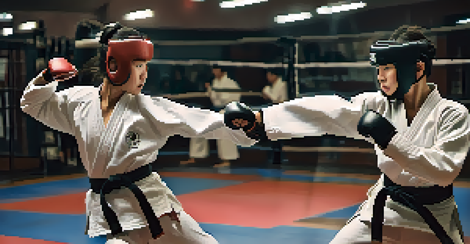 Close-up of two martial artists sparring, focusing on their expressions and movements in a dynamic fight.