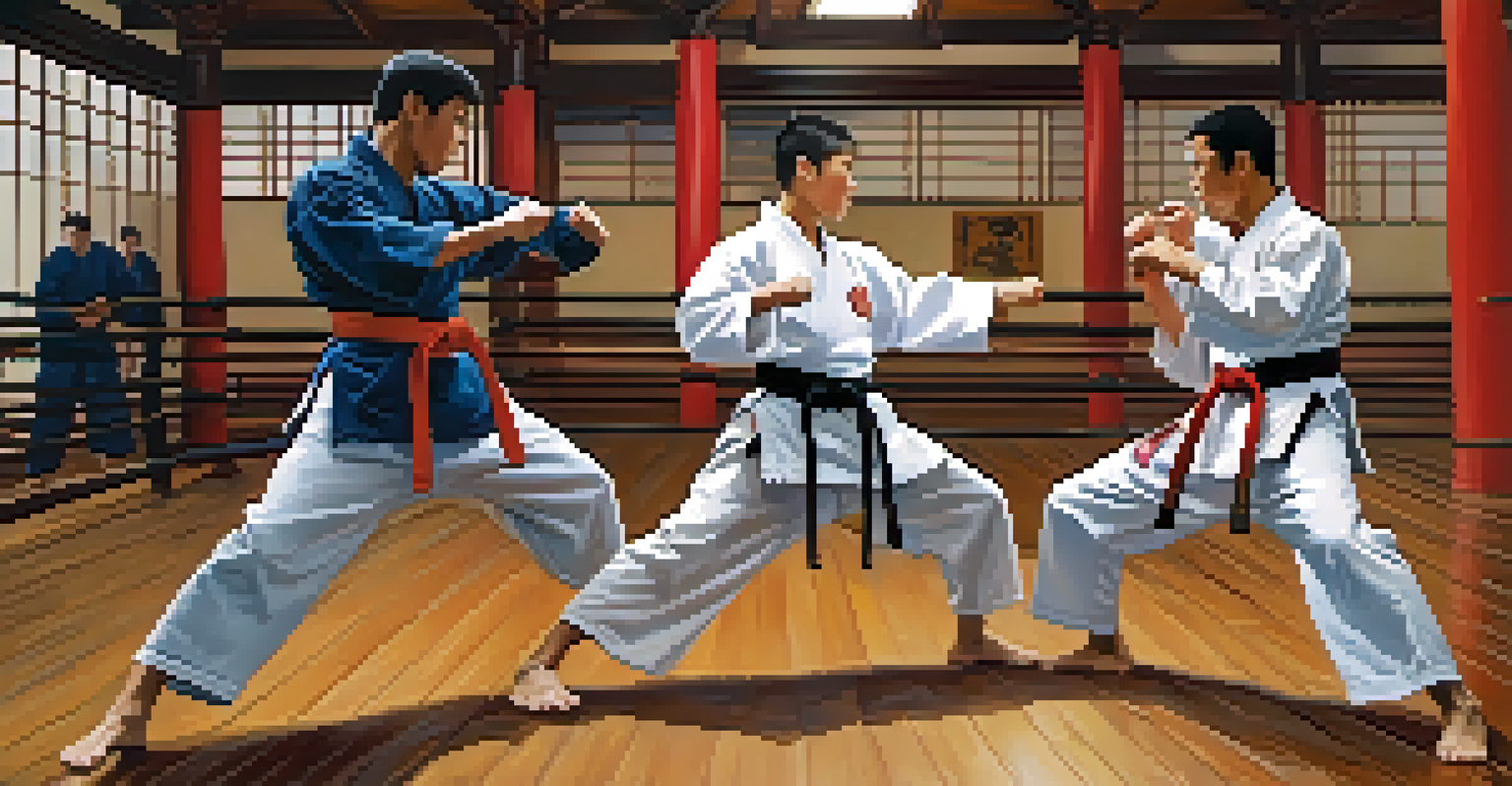 Two martial artists sparring with intensity in a dojo setting.