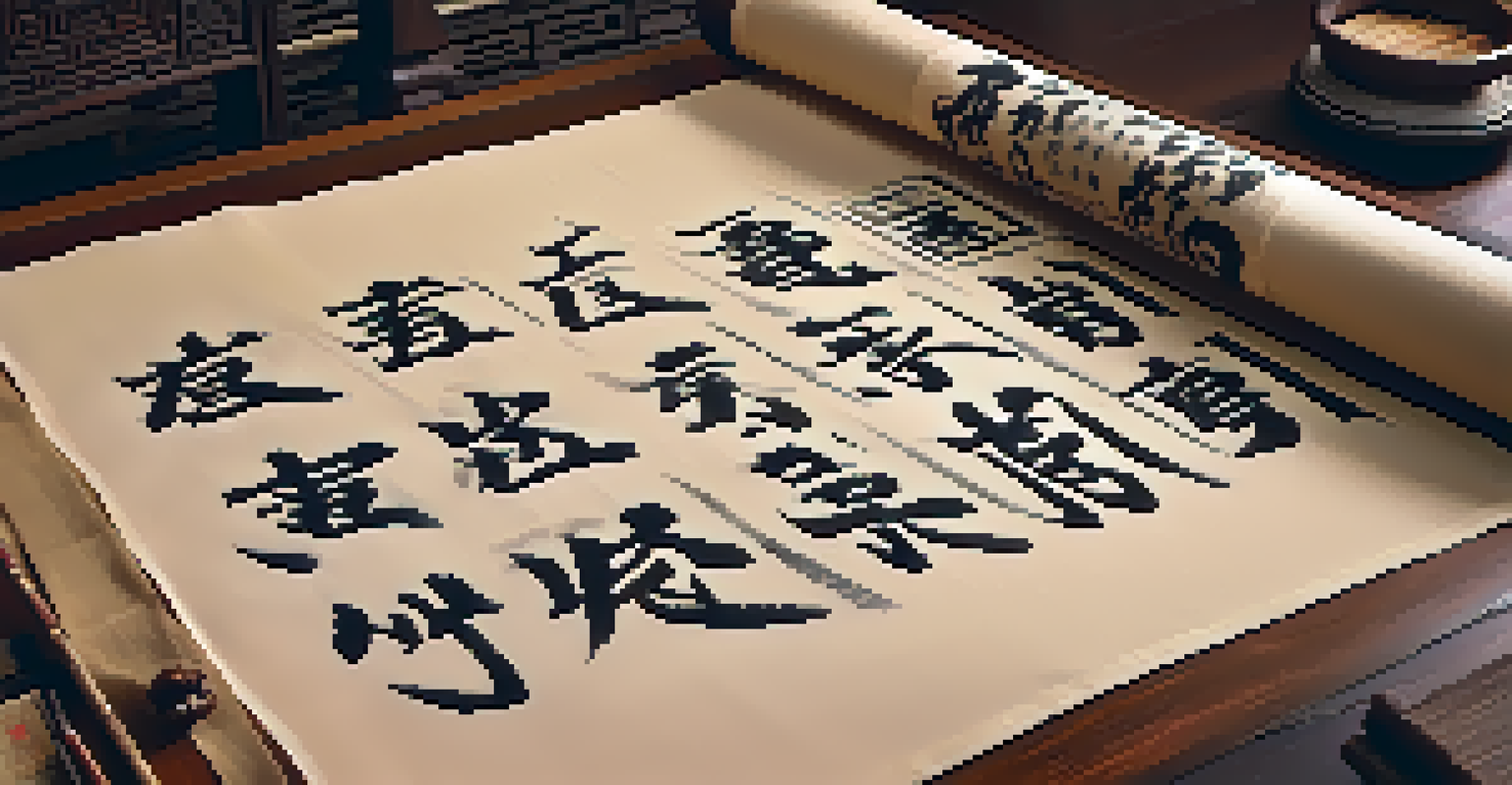 An ancient Chinese scroll with calligraphy and illustrations from the Art of War displayed on a wooden table.