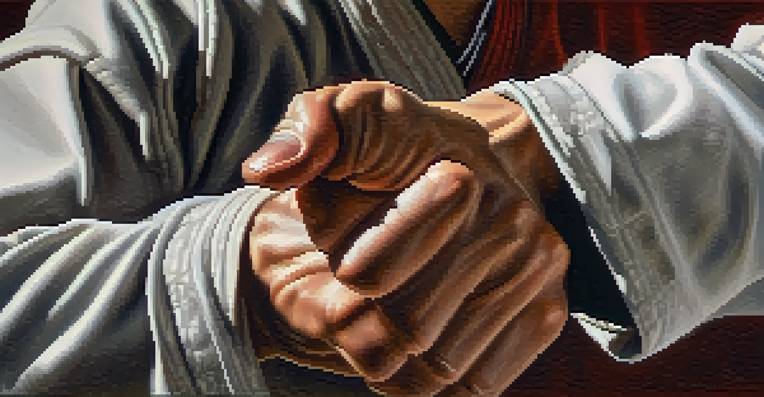 A close-up of a martial artist's hand demonstrating a precise movement, highlighting the texture of the gloves.