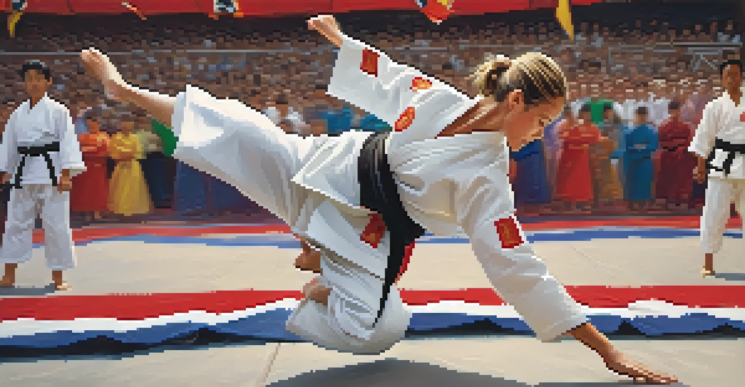 A female martial artist executing a spinning kick in an outdoor arena during a competition.