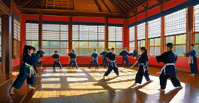 A lively martial arts dojo with students in colorful uniforms practicing techniques, with sunlight illuminating the space.