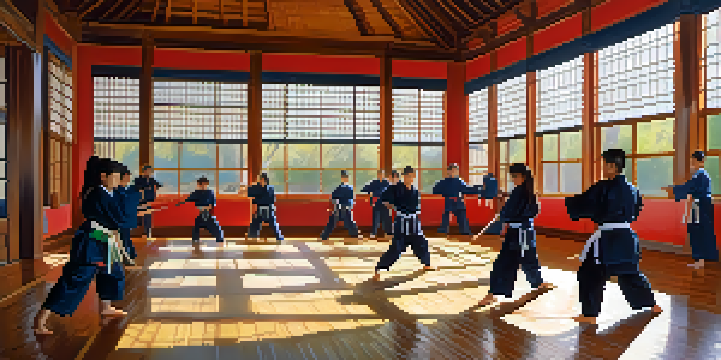 A lively martial arts dojo with students in colorful uniforms practicing techniques, with sunlight illuminating the space.