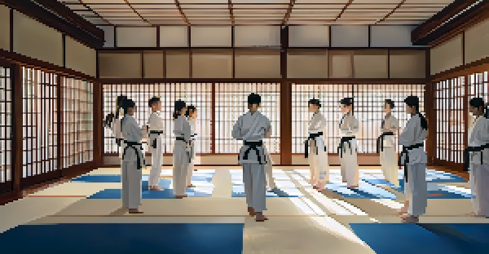 A peaceful dojo with students in white uniforms practicing martial arts in sunlight streaming through a large window.