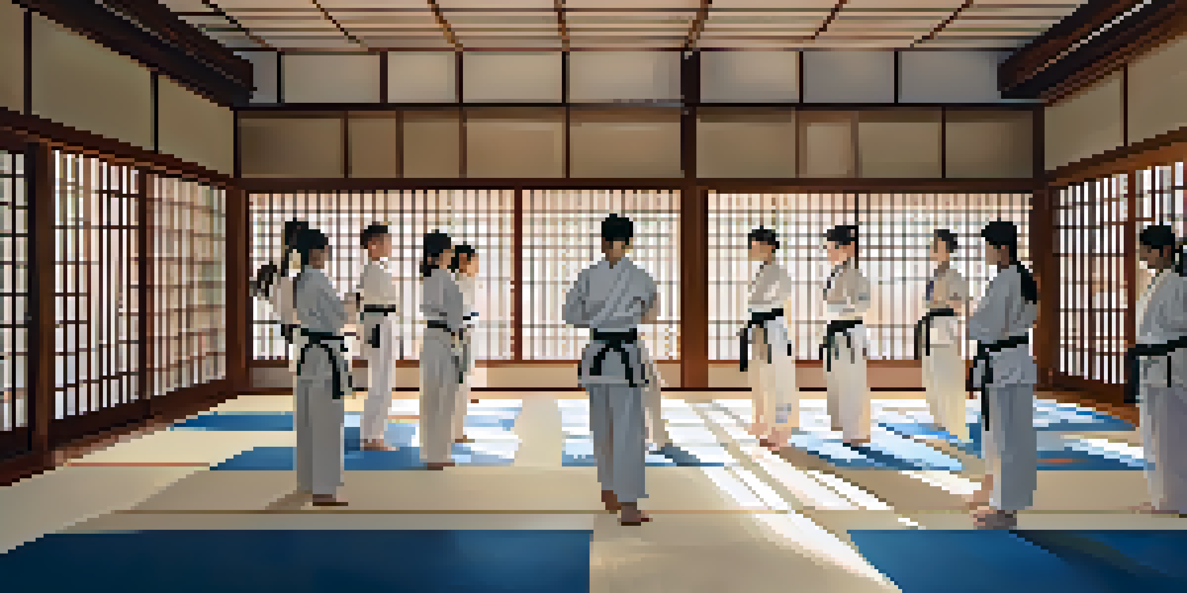 A peaceful dojo with students in white uniforms practicing martial arts in sunlight streaming through a large window.