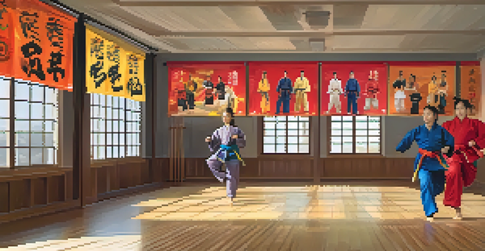 A colorful martial arts dojo with diverse practitioners training together, illuminated by natural light.