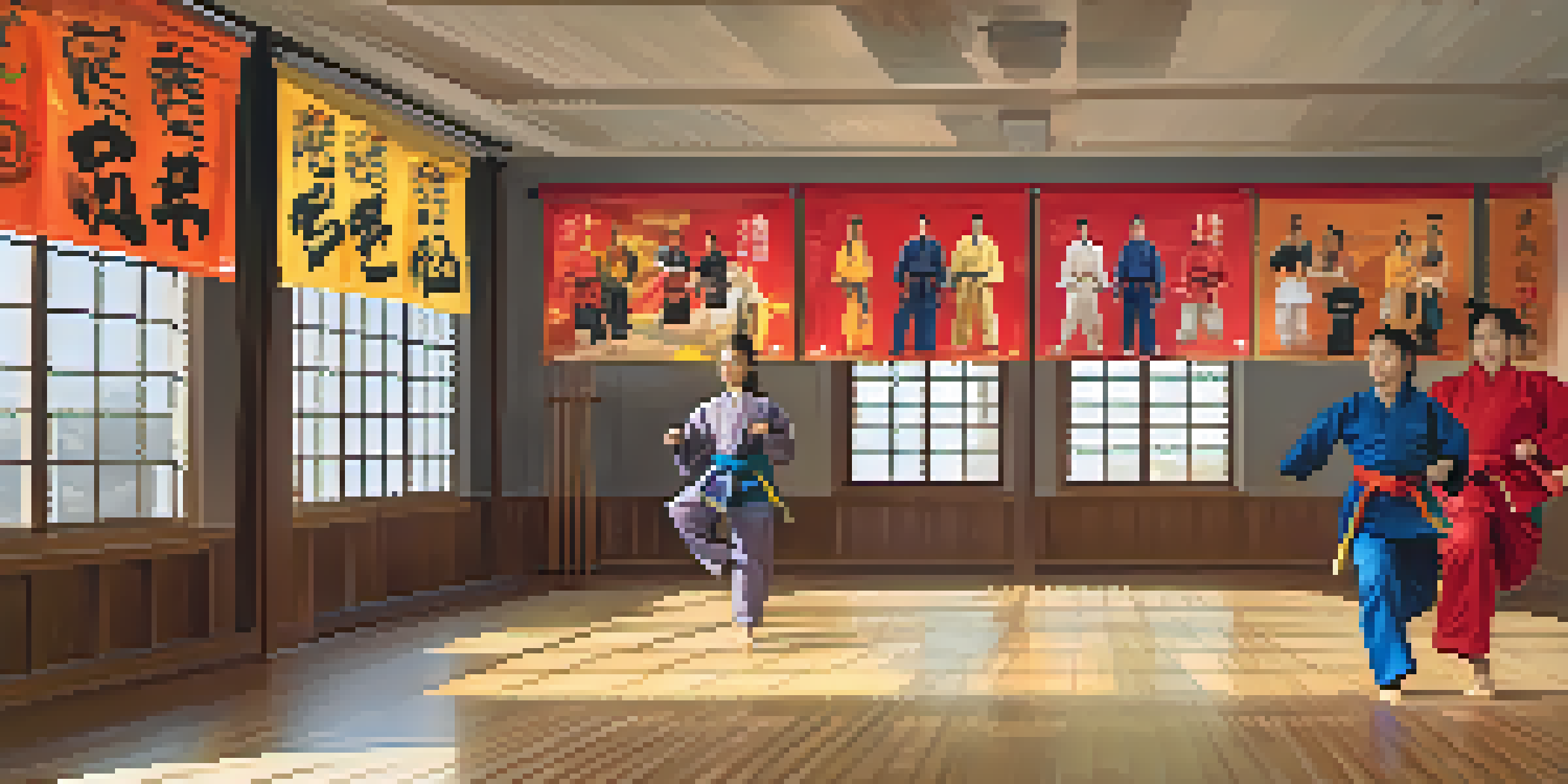 A colorful martial arts dojo with diverse practitioners training together, illuminated by natural light.
