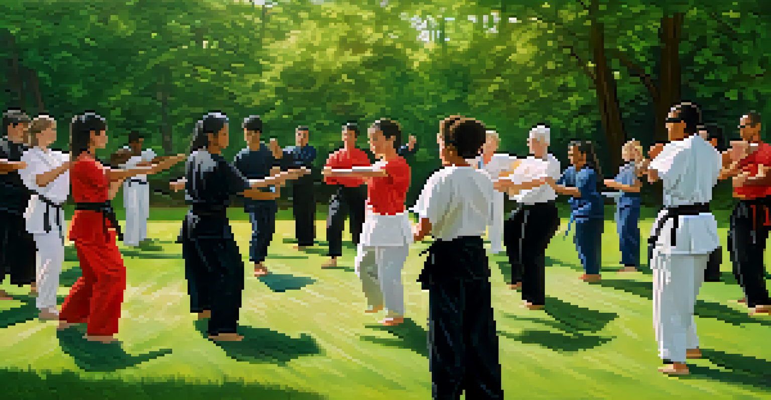 A martial arts instructor leading a self-defense workshop in a park, with participants learning techniques.