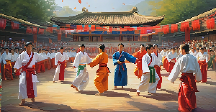 A scene from a martial arts festival showing diverse practitioners performing various styles, with colorful banners and attendees in traditional clothing.