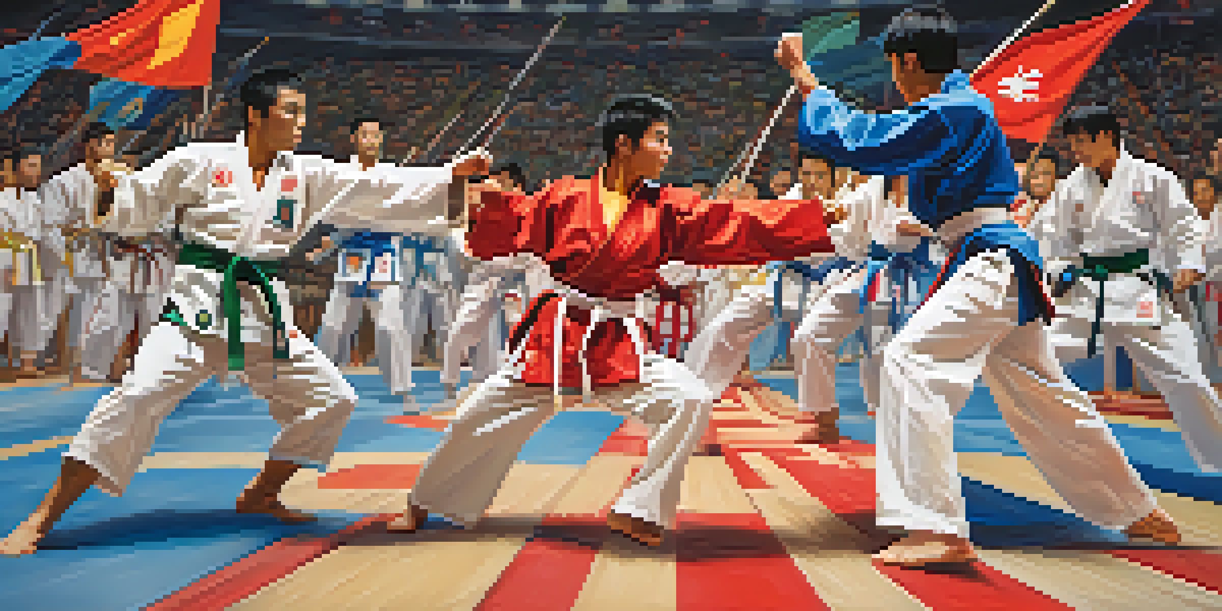 A group of martial artists in traditional uniforms performing in an Olympic arena, with national flags in the background and an excited audience.