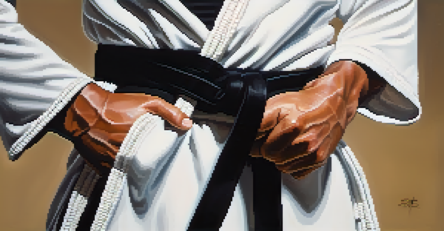 A close-up of a martial artist's hand holding a black belt, representing achievement and discipline.