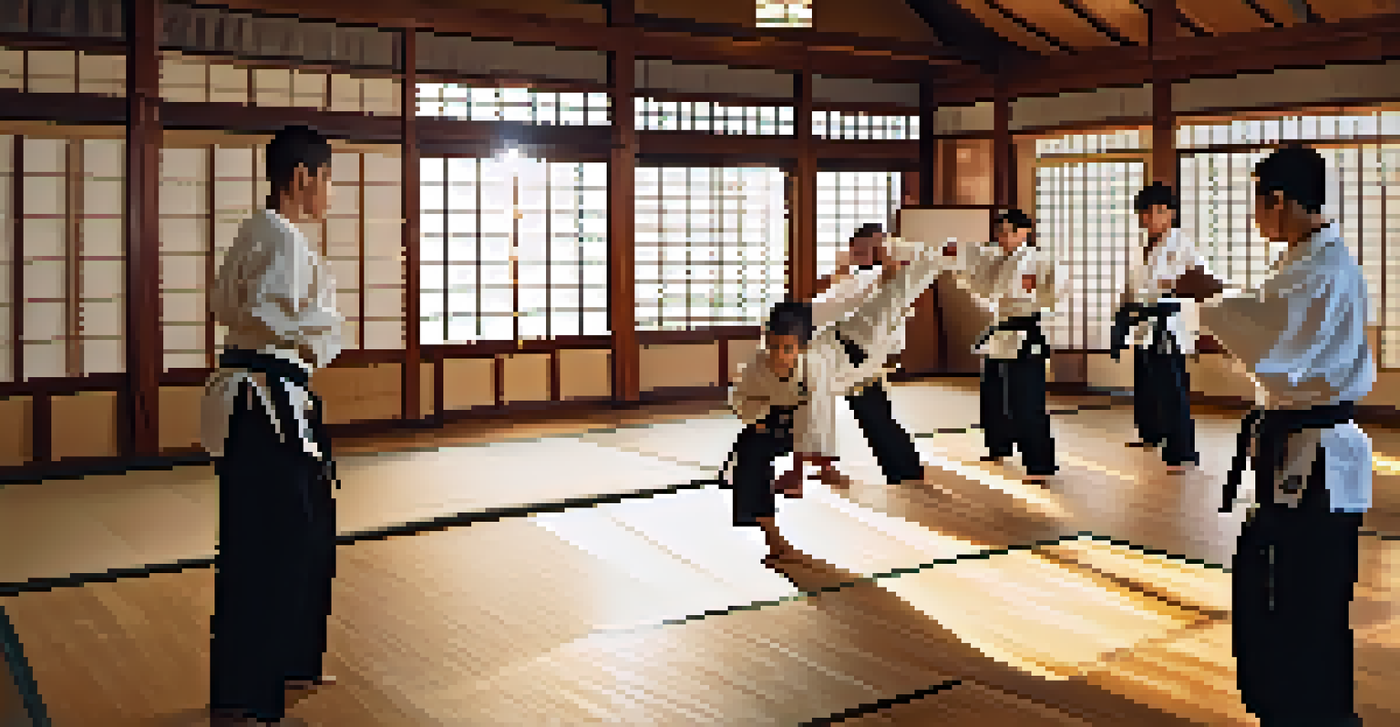 A martial arts instructor demonstrating a kick to a group of young students in a dojo.