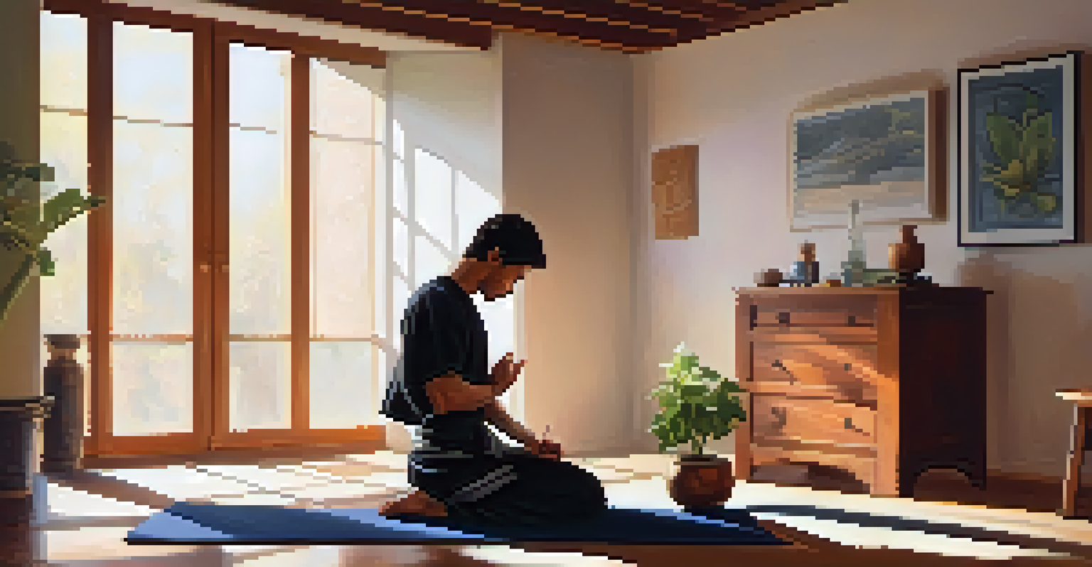 A martial artist practicing relaxation techniques in a softly lit bedroom, with water and fruits on the bedside table.