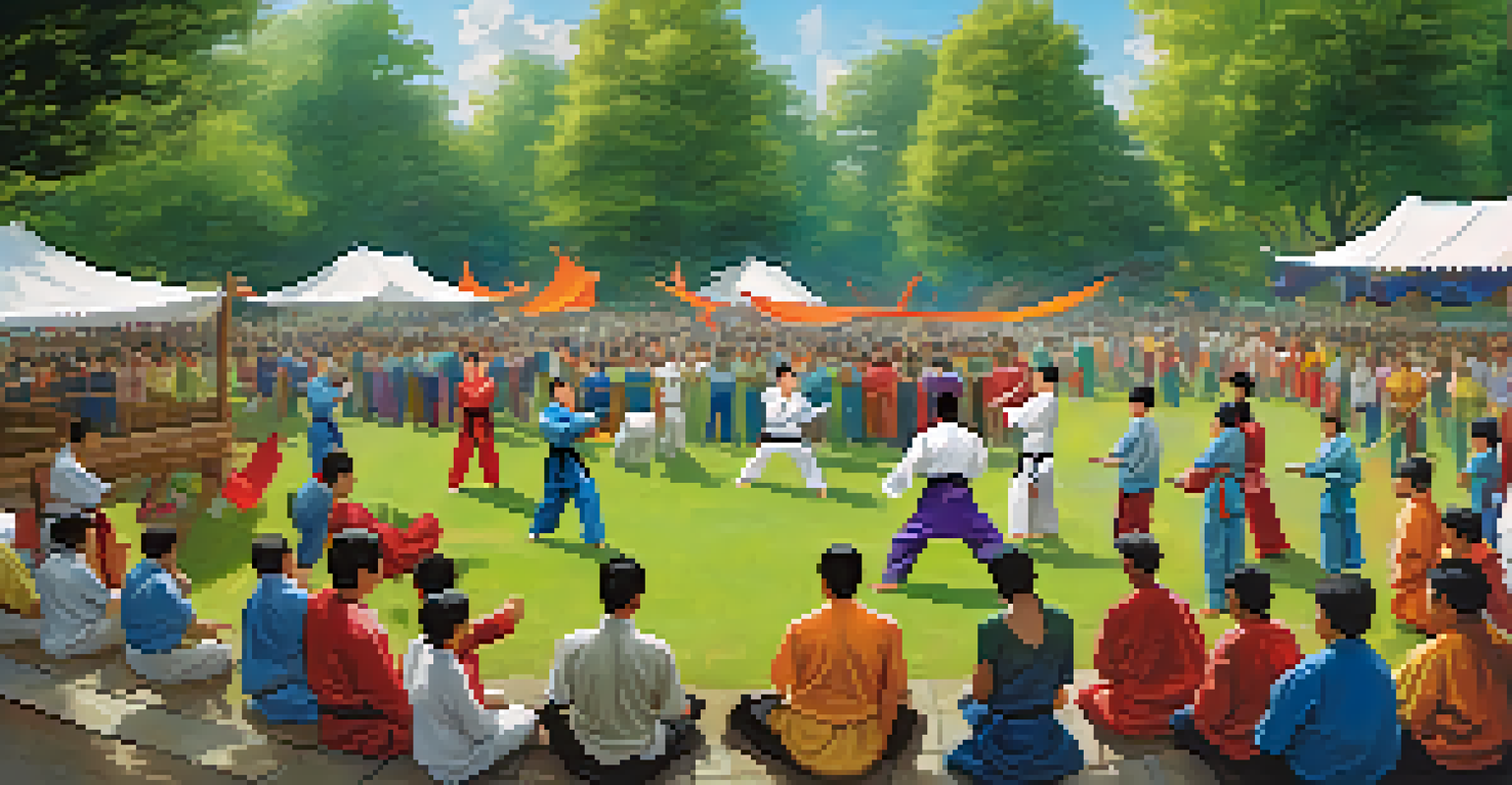 A lively outdoor martial arts community event with practitioners of various ages participating in a self-defense workshop.